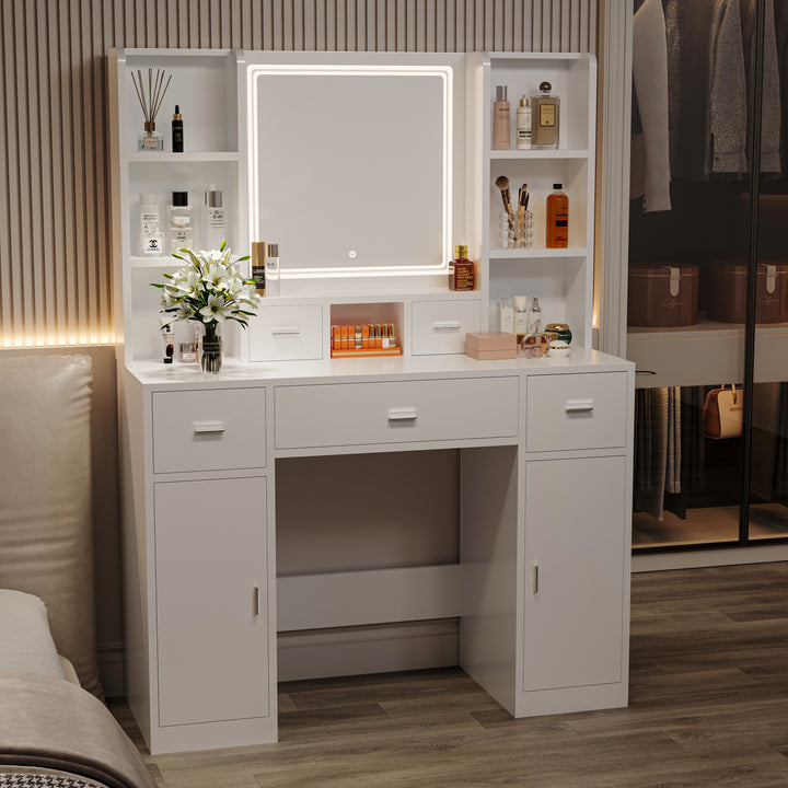 White Vanity Table with LED Mirror, Hair Dryer Rack &amp; Cushioned Stool