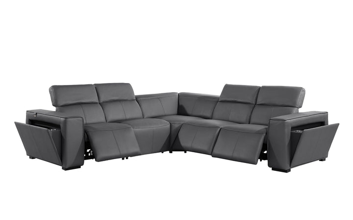 DivanItalia 1224 5-Piece L-Shaped Sectional Sofa in Top Grain Italian Leather with 3 Power Recliners &amp; Power Headrests - Dark Gray