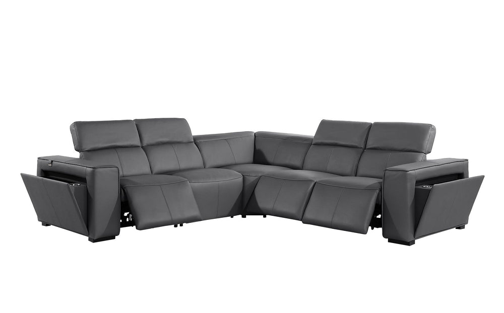 DivanItalia 1224 5-Piece L-Shaped Sectional Sofa in Top Grain Italian Leather with 3 Power Recliners & Power Headrests - Dark Gray