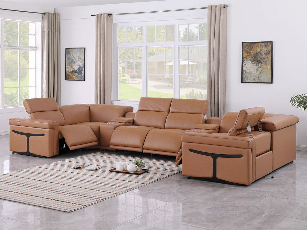 DivanItalia 1126 8-Piece U-Shaped Sectional Sofa in Top Grain Italian Leather with 4 Power Recliners & Power Headrests – with Console - Cognac