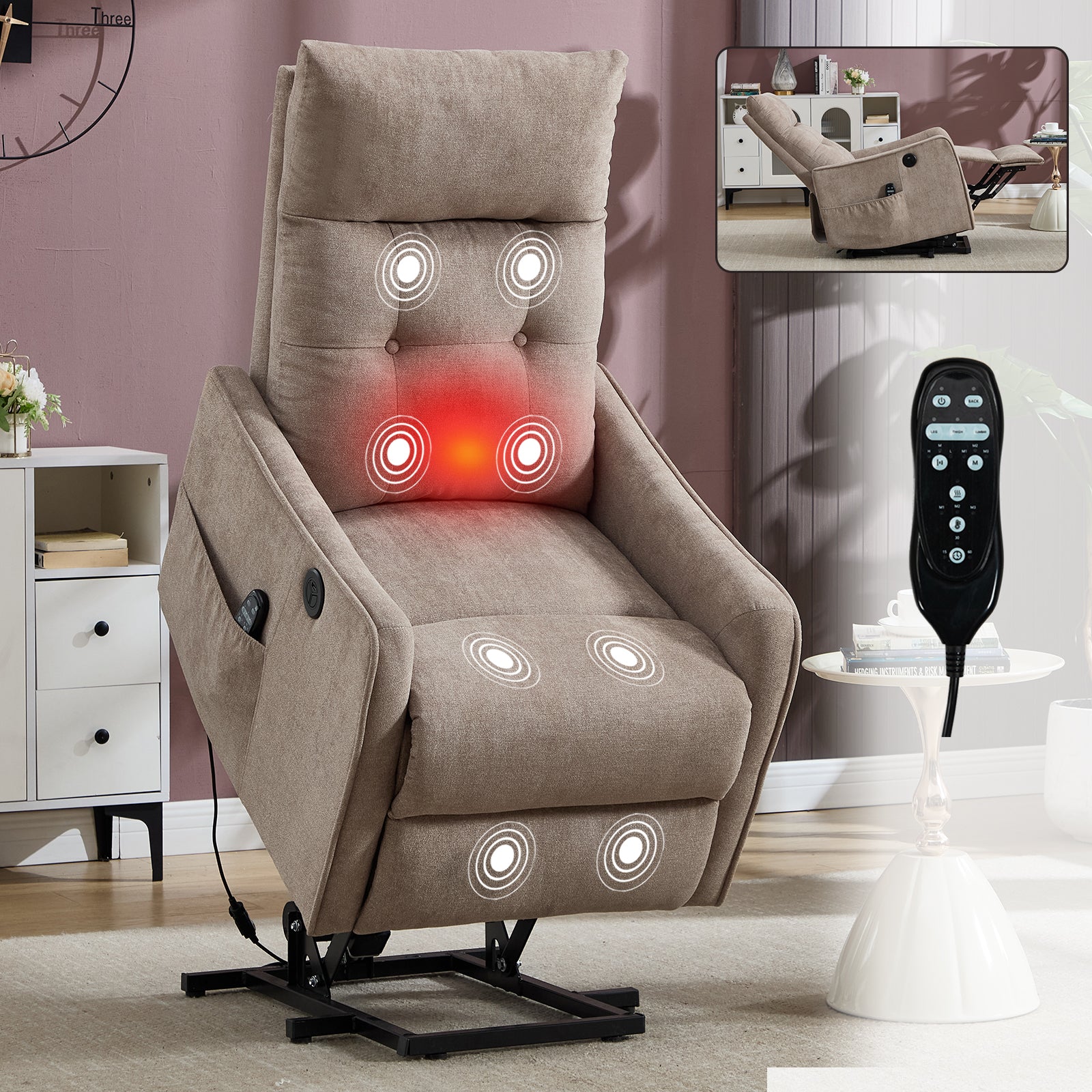 Khaki Power Lift Recliner Chair with Heat, Massage, USB Charging & Swivel for Elderly