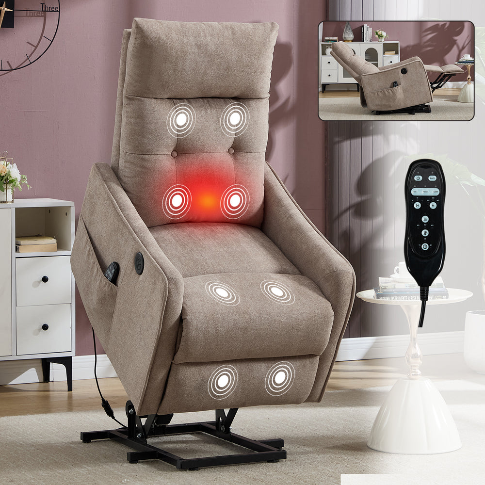 Khaki Power Lift Recliner Chair with Heat, Massage, USB Charging & Swivel for Elderly