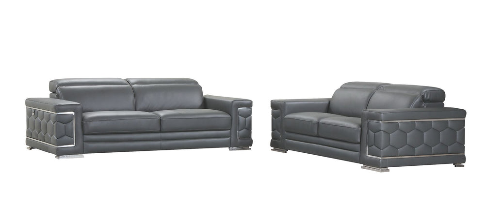 DivanItalia 692 2-Piece Sofa Set with Adjustable Headrest in Top-Grain Italian Leather - Dark Gray