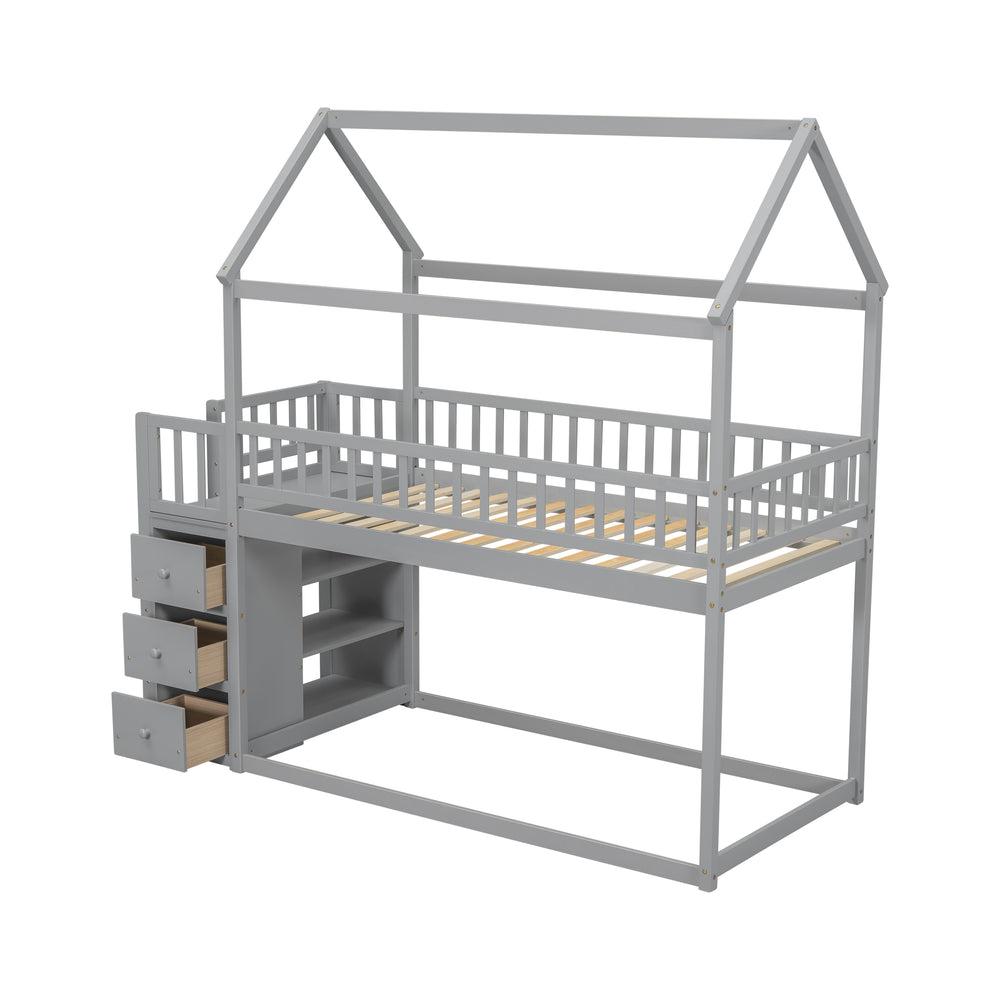 twin-twin-house-bunk-bed-with-shelves-and-drawers-grey-color