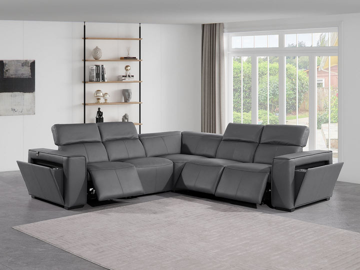 DivanItalia 1224 5-Piece L-Shaped Sectional Sofa in Top Grain Italian Leather with 3 Power Recliners &amp; Power Headrests - Dark Gray