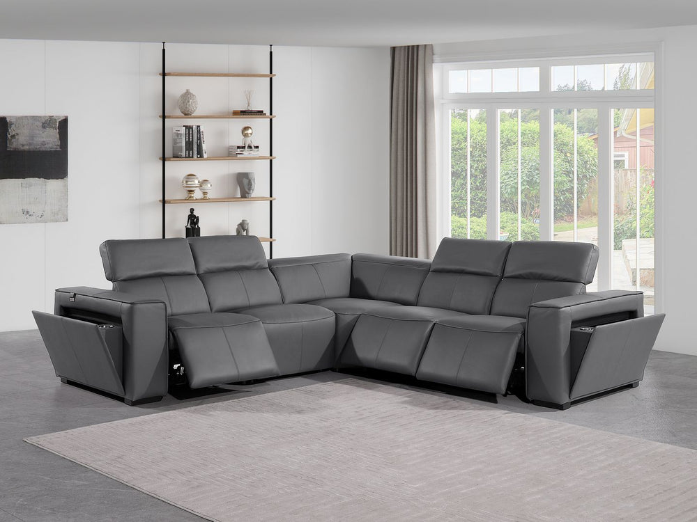 DivanItalia 1224 5-Piece L-Shaped Sectional Sofa in Top Grain Italian Leather with 3 Power Recliners & Power Headrests - Dark Gray