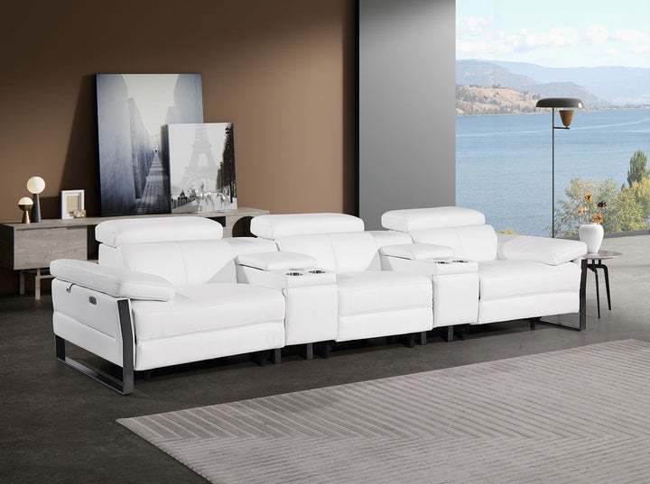DivanItalia 1246 Modular Power Triple Reclining Dual Console Sofa with Power Reclining Headrests – Top Grain Italian Leather - White
