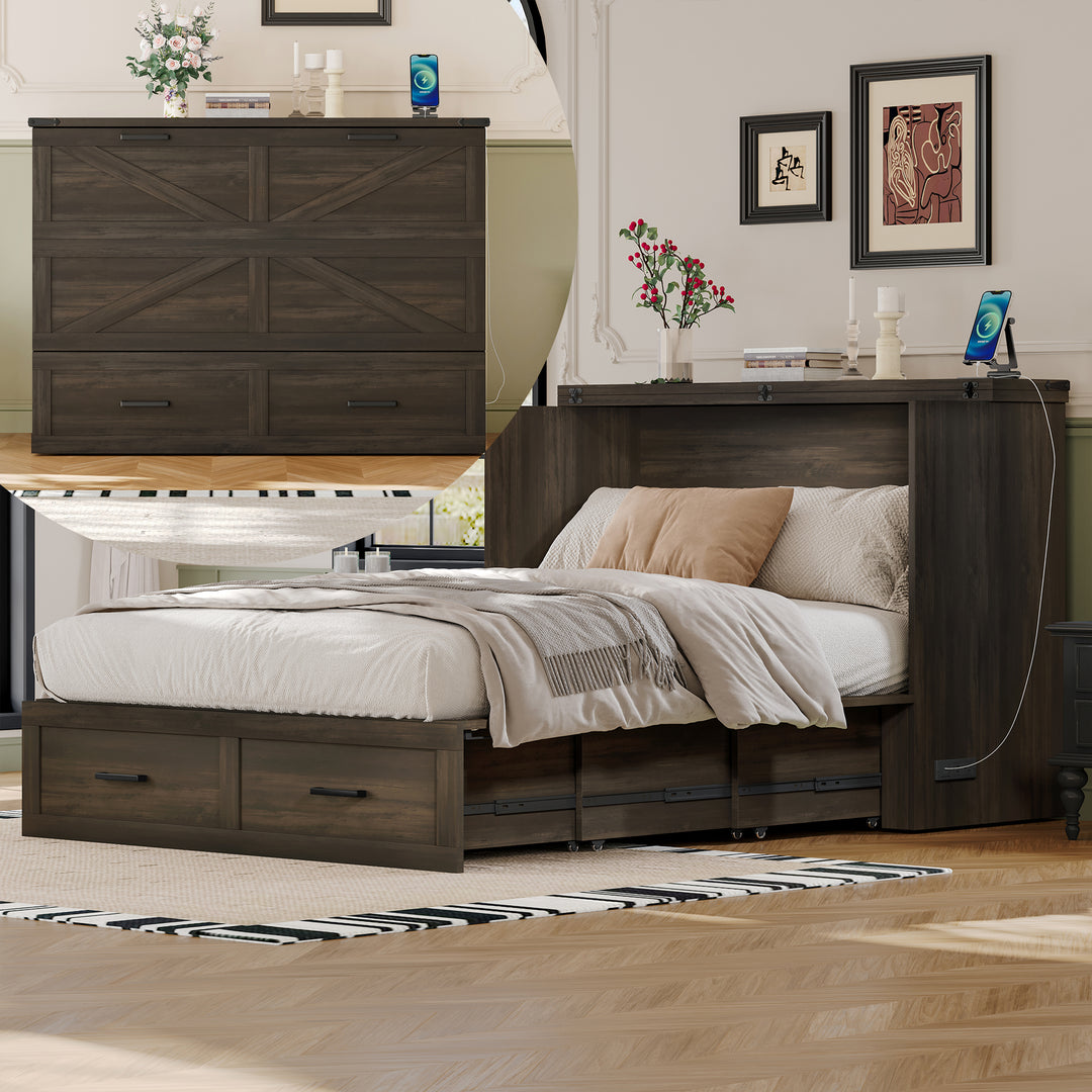 Murphy Cabinet Bed with Charging Station, Foldable Platform Bed with Large Storage Drawer