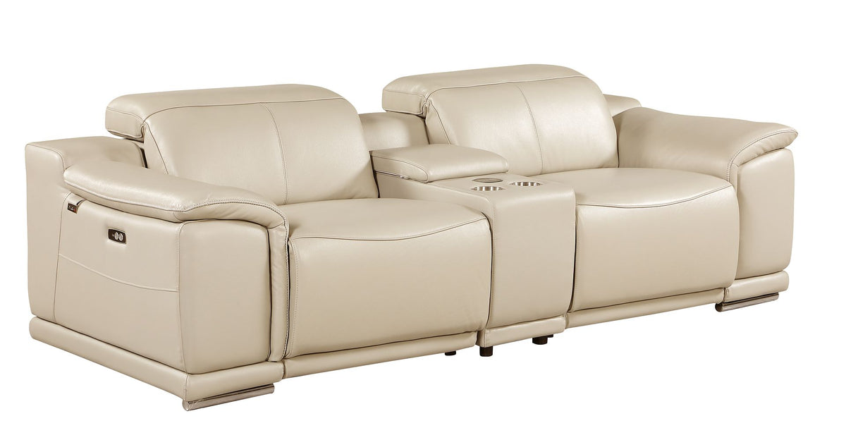 DivanItalia 9762 3-Piece Modular Power Reclining Console Loveseat with 2 Power Recliners in Top Grain Italian Leather - Beige