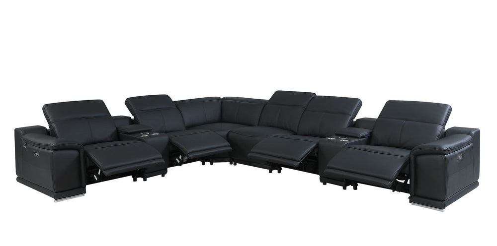 DivanItalia 9762 8-Piece L Shaped Top Grain Italian Leather Sectional Sofa with 4 Power Recliners - Black