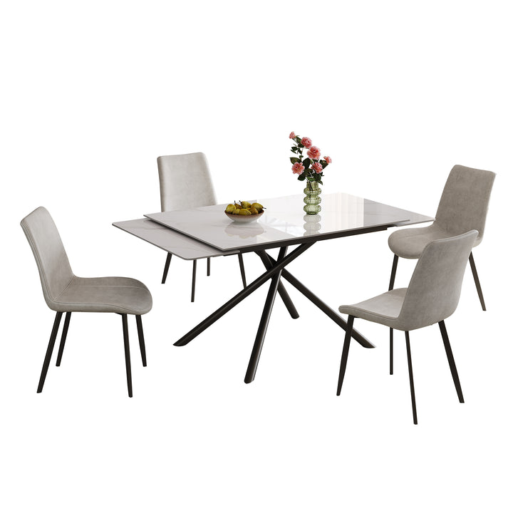 Modern Retractable Sintered Stone Dining Table Set with Black Carbon Steel Legs, White, Rectangular, Table and 4 Chairs