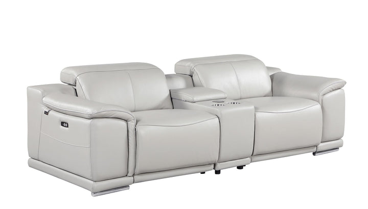 DivanItalia 9762 3-Piece Modular Power Reclining Console Loveseat with 2 Power Recliners in Top Grain Italian Leather - Light Gray