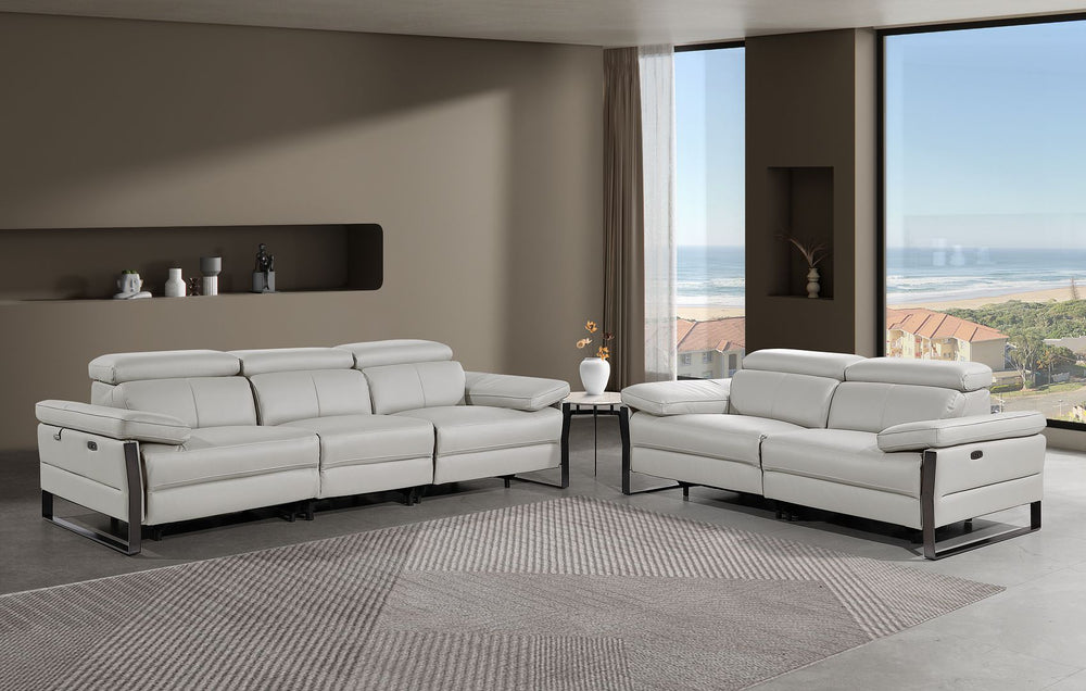 DivanItalia 1246 Modular Power Dual Reclining Sofa and Loveseat Set with Power Headrests – Top Grain Italian Leather - Light Gray
