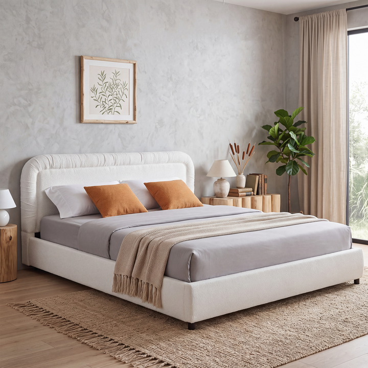 Tufted Boucle Queen Platform Bed – White