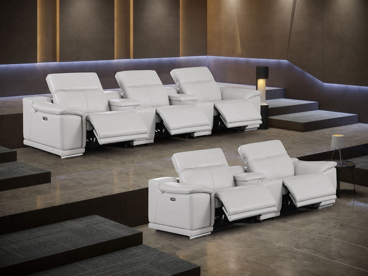 DivanItalia 9762 8-Piece Modular Power Reclining Sofa and Console Loveseat Set with Top Grain Italian Leather - Light Gray