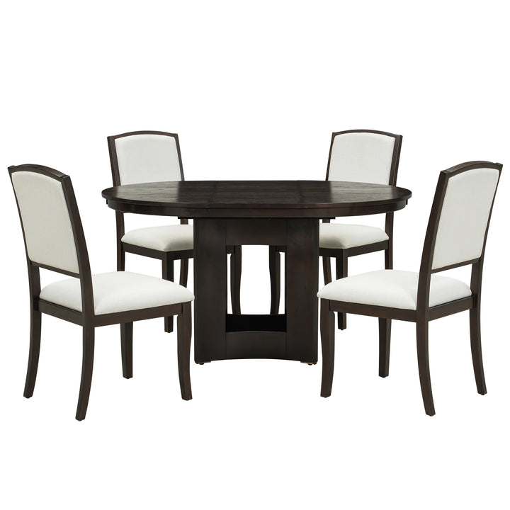 farmhouse-extendable-round-dining-table-set-for-5-with-upholstered-chairs-and-16inch-removable-leaf-espresso-beige