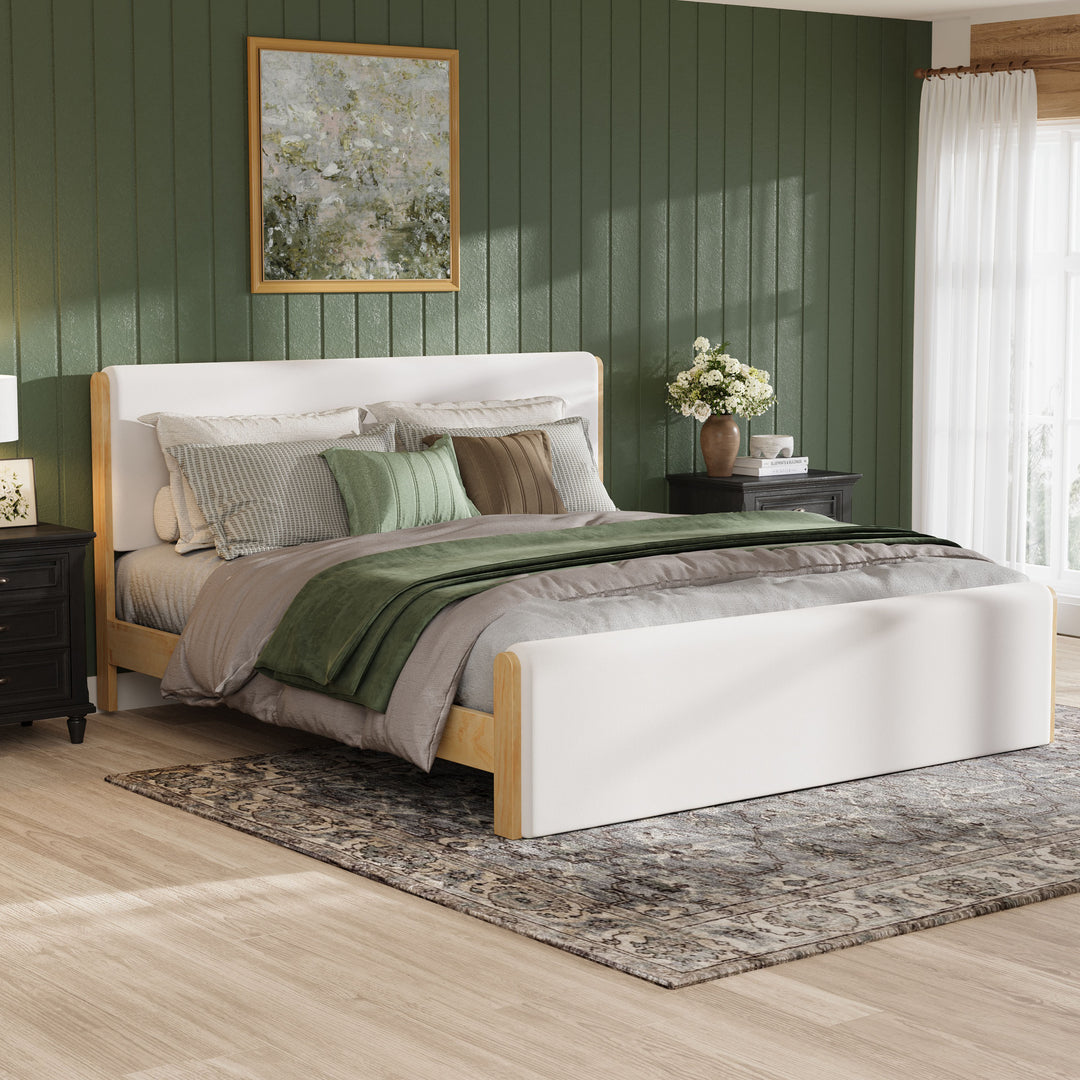 Upholstered Pine King Bed – Beige &amp; Natural