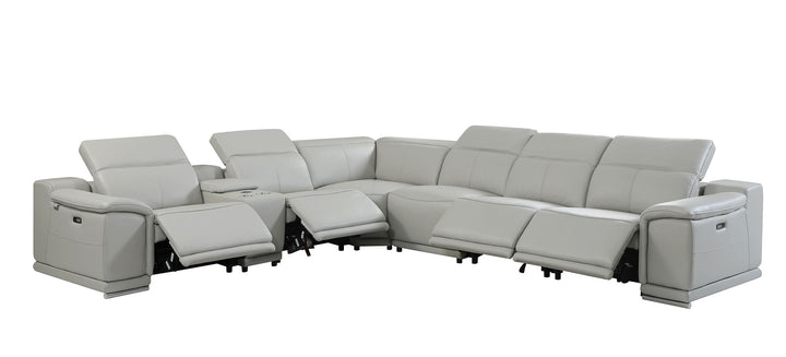 DivanItalia 9762 7-Piece L Shaped Top Grain Italian Leather Sectional Sofa with 4 Power Recliners - Light Gray