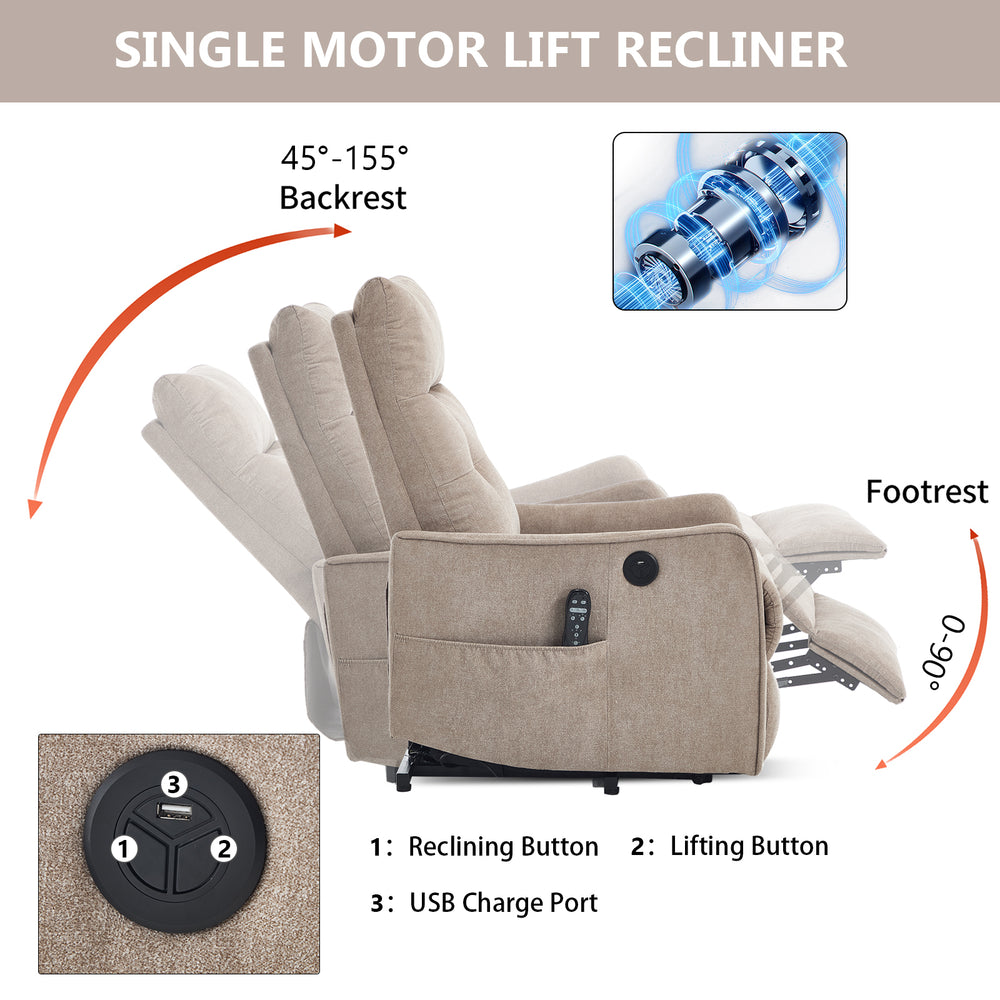 Khaki Power Lift Recliner Chair with Heat, Massage, USB Charging & Swivel for Elderly