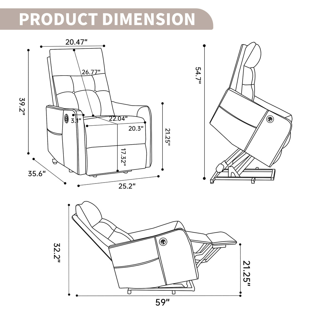 Khaki Power Lift Recliner Chair with Heat, Massage, USB Charging & Swivel for Elderly