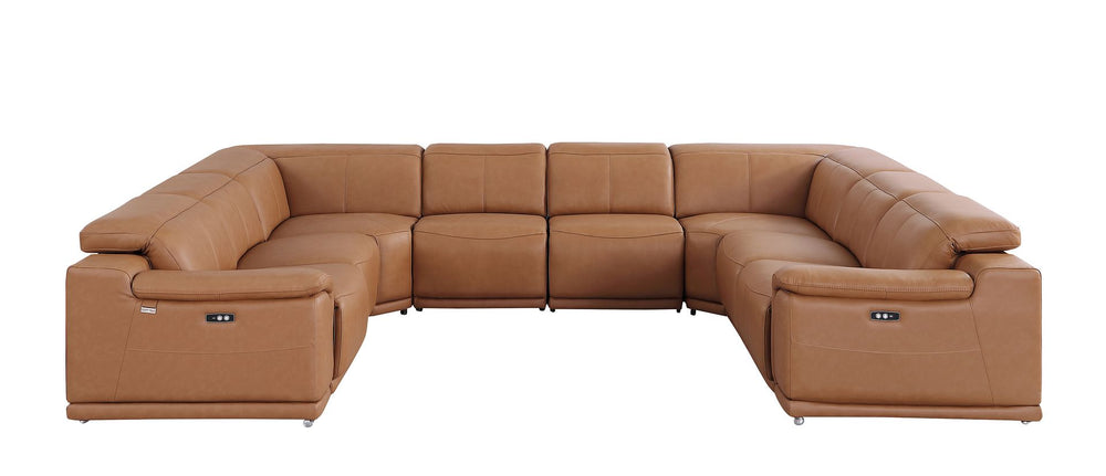 DivanItalia 9762 8-Piece U Shaped Top Grain Italian Leather Sectional Sofa with 4 Power Recliners – No Console - Cognac