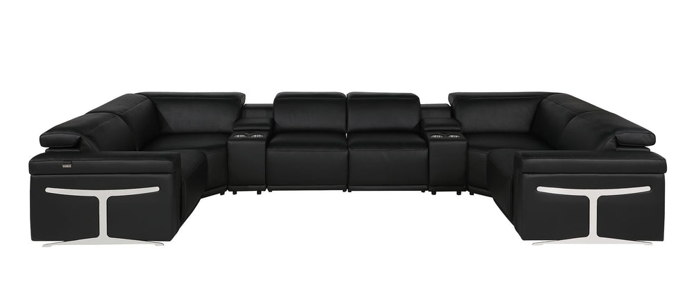 DivanItalia 1126 8-Piece U-Shaped Sectional Sofa in Top Grain Italian Leather with 4 Power Recliners & Power Headrests – with Console - Black