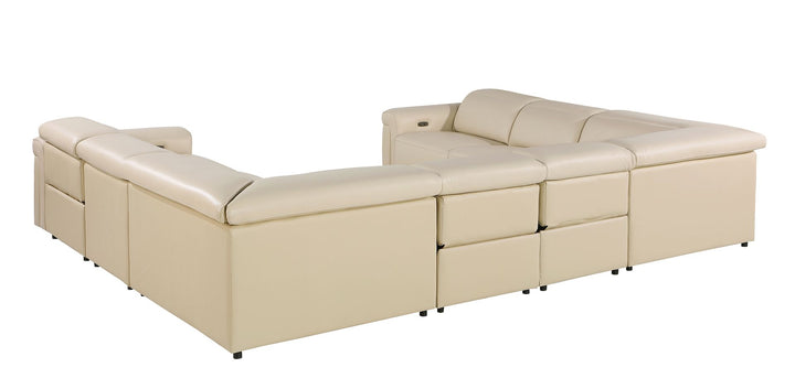 DivanItalia 1126 8-Piece U-Shaped Sectional Sofa in Top Grain Italian Leather with 4 Power Recliners &amp; Power Headrests – No Console - Beige