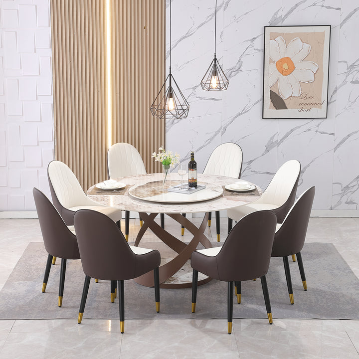 9-Piece 59″ Modern Sintered Stone Round Dining Table with 31.5″ Rotating Turntable &amp; Metal Pedestal