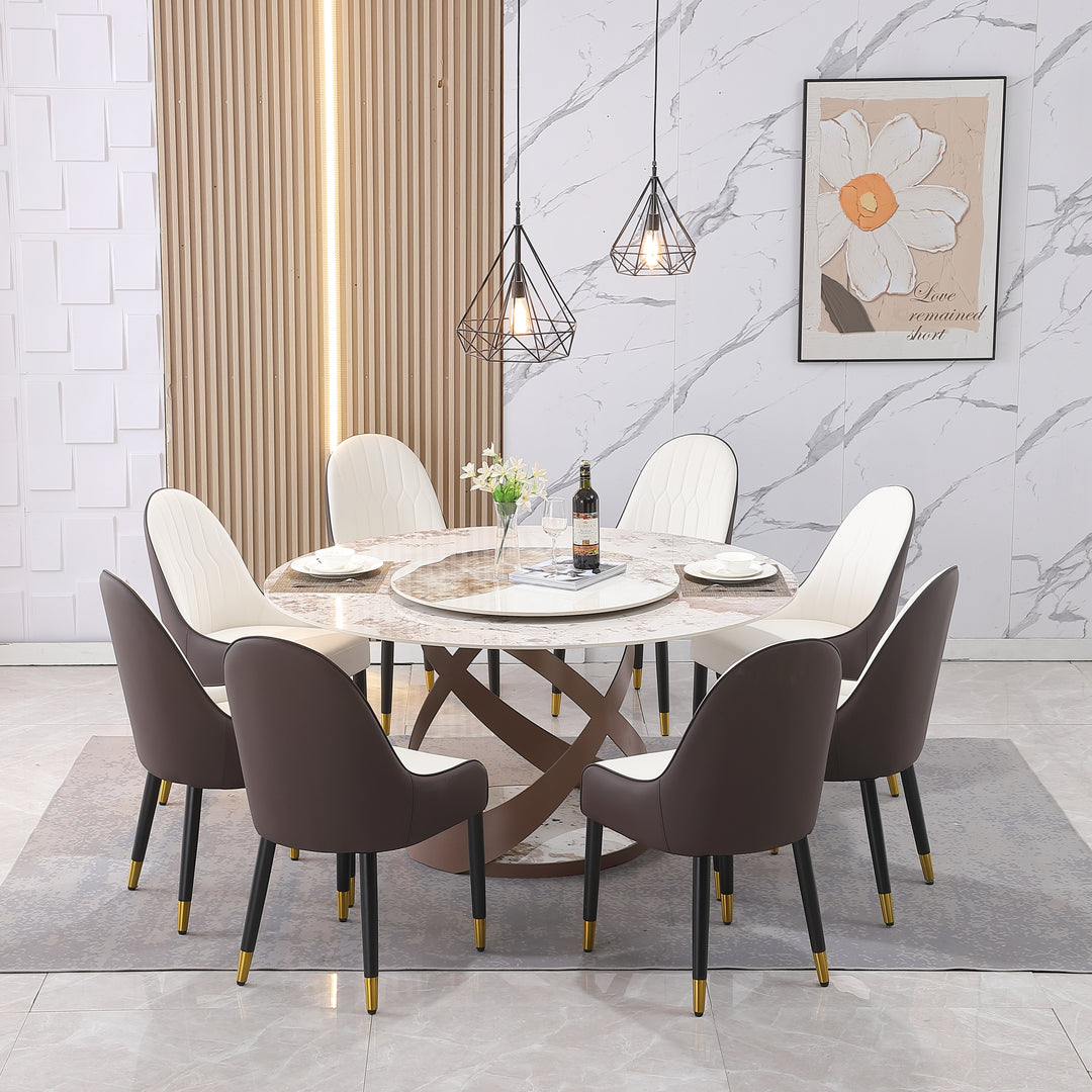 9-Piece 59″ Modern Sintered Stone Round Dining Table with 31.5″ Rotating Turntable & Metal Pedestal