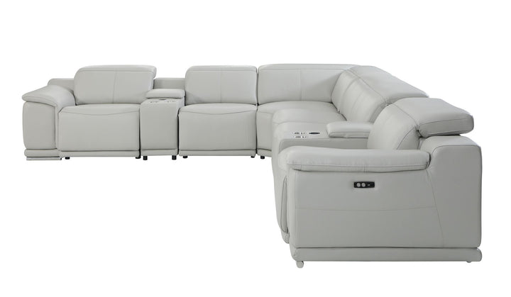 DivanItalia 9762 8-Piece L Shaped Top Grain Italian Leather Sectional Sofa with 4 Power Recliners - Light Gray