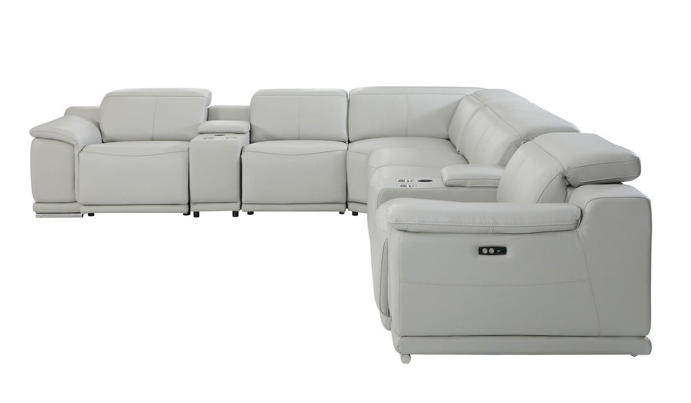 DivanItalia 9762 8-Piece L Shaped Top Grain Italian Leather Sectional Sofa with 4 Power Recliners - Light Gray