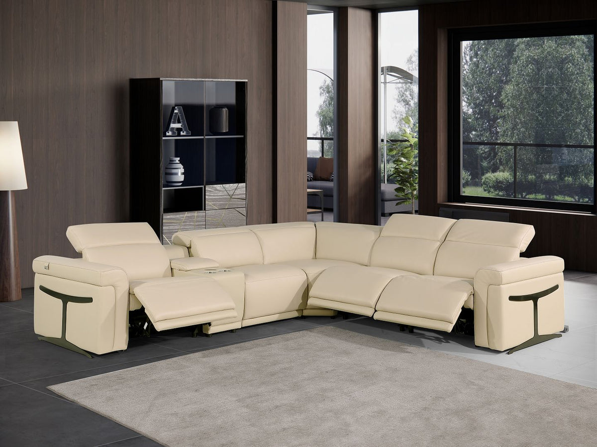 DivanItalia 1126 6-Piece L-Shaped Sectional Sofa in Top Grain Italian Leather with 3 Power Recliners & Power Headrests - Beige