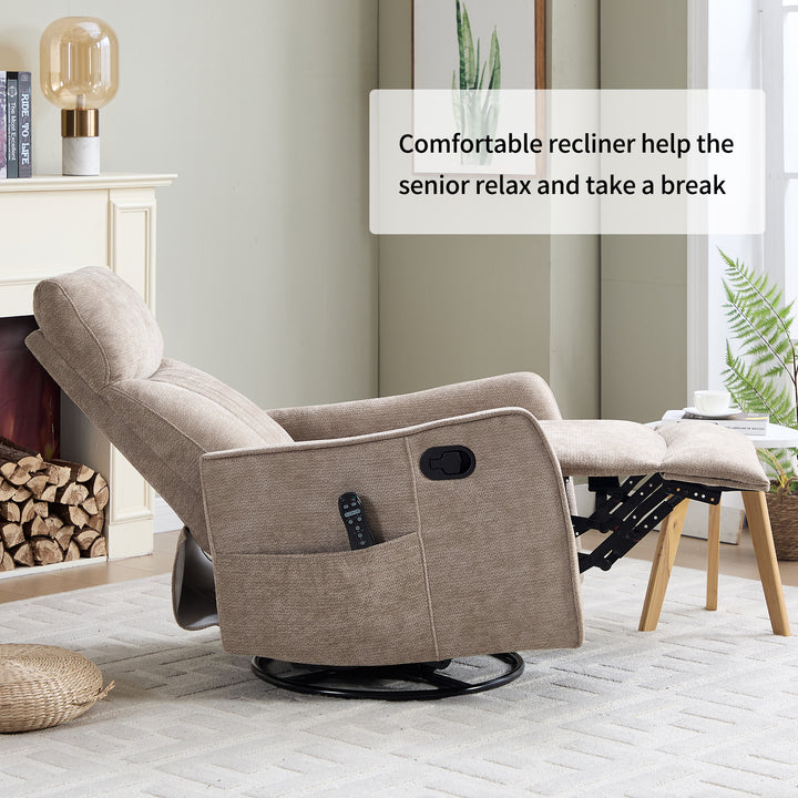 Khaki Heat &amp; Massage Manual Swivel Rocker Recliner Chair in Fabric