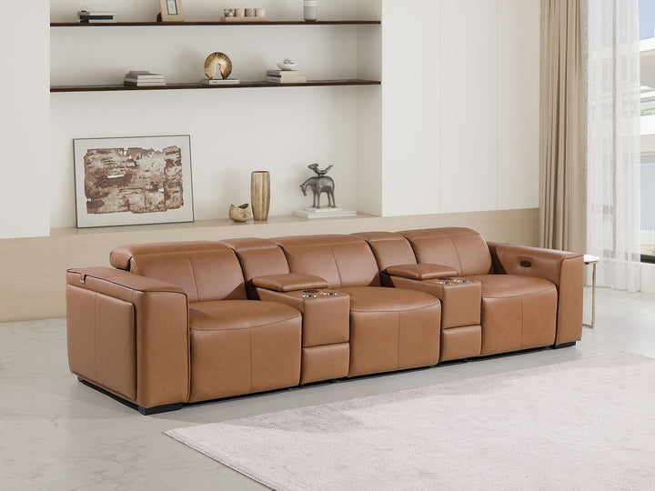DivanItalia 1224 5-Piece Modular Power Reclining Sofa in Top Grain Italian Leather with 3 Power Recliners &amp; Power Headrests - Cognac