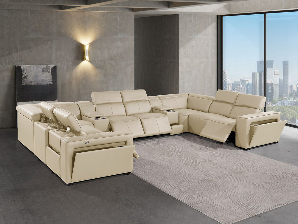 DivanItalia 1224 10-Piece U-Shaped Sectional Sofa in Top Grain Italian Leather with 4 Power Recliners & Power Headrests - Beige