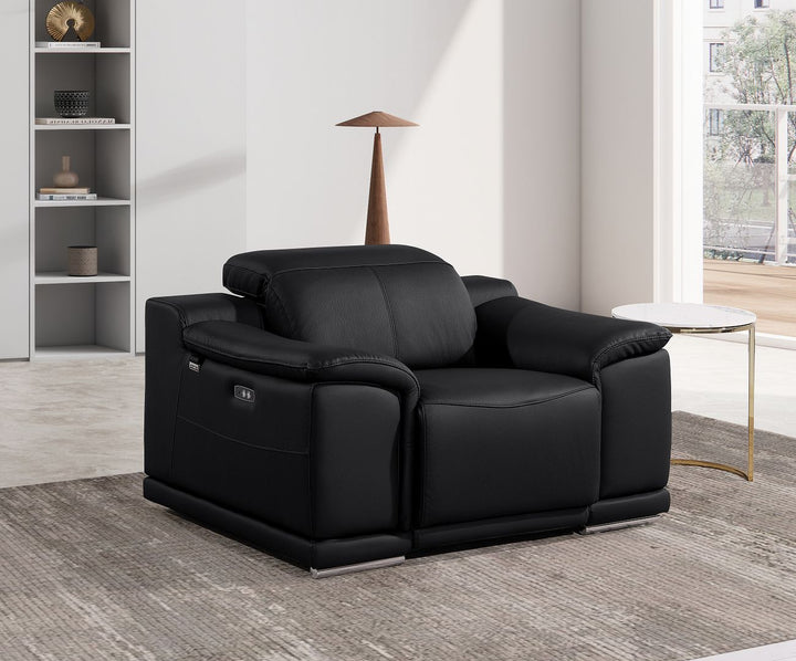 DivanItalia 9762 Top Grain Italian Leather Power Reclining Chair with Adjustable Headrests - Black