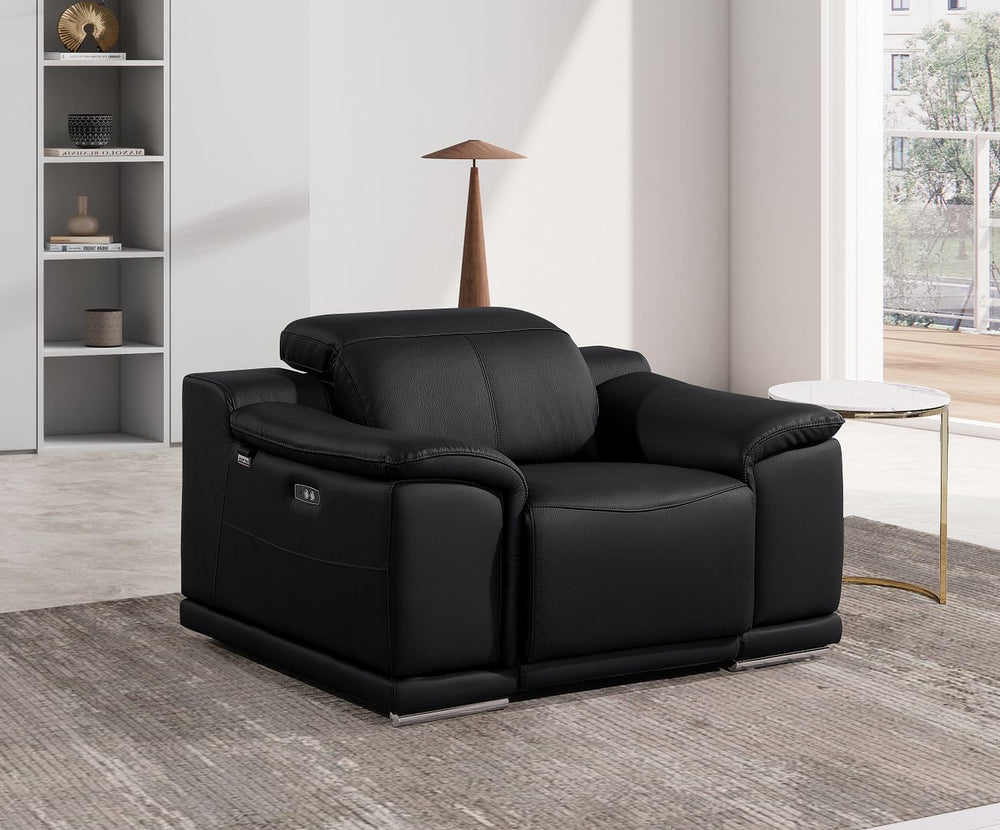 DivanItalia 9762 Top Grain Italian Leather Power Reclining Chair with Adjustable Headrests - Black