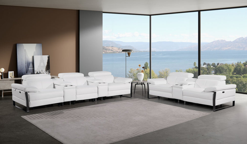 DivanItalia 1246 Modular Power Reclining Dual Console Sofa and Console Loveseat Set with Power Headrests – Top Grain Italian Leather - White