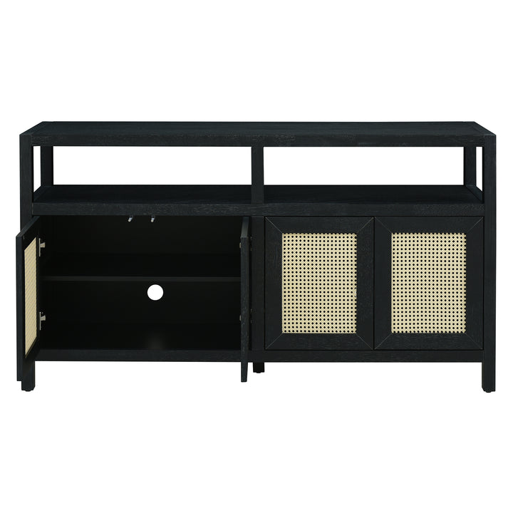 bohemian-style-rattan-sideboard-or-buffet-storage-cabinet-with-solid-wood-frame-black