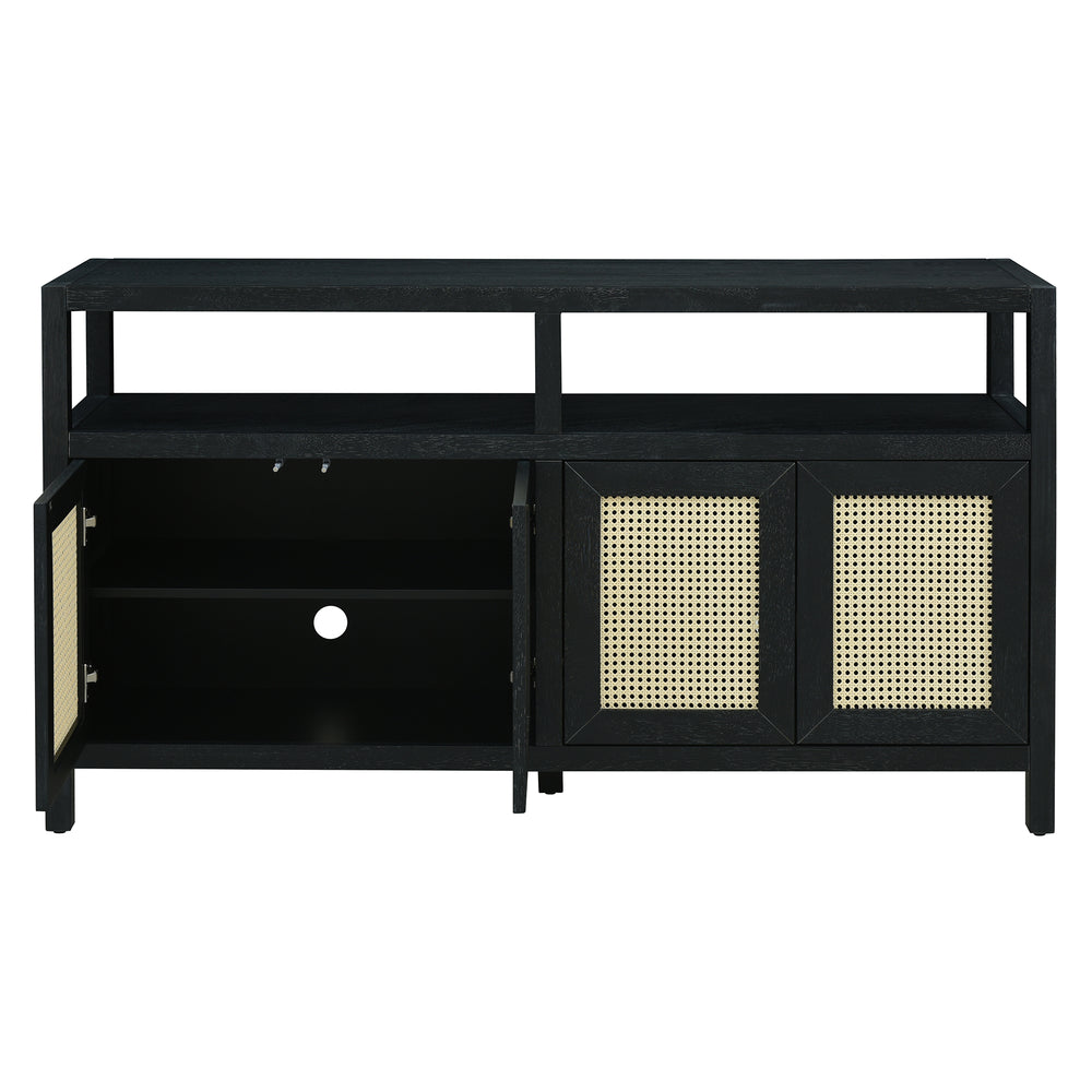 bohemian-style-rattan-sideboard-or-buffet-storage-cabinet-with-solid-wood-frame-black