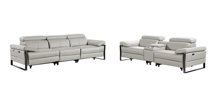 DivanItalia 1246 Modular Power Triple Reclining Sofa and Console Loveseat Set with Power Headrests – Top Grain Italian Leather - Light Gray