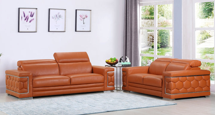 DivanItalia 692 2-Piece Sofa Set with Adjustable Headrest in Top-Grain Italian Leather - Camel