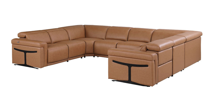 DivanItalia 1126 8-Piece U-Shaped Sectional Sofa in Top Grain Italian Leather with 4 Power Recliners &amp; Power Headrests – No Console - Cognac