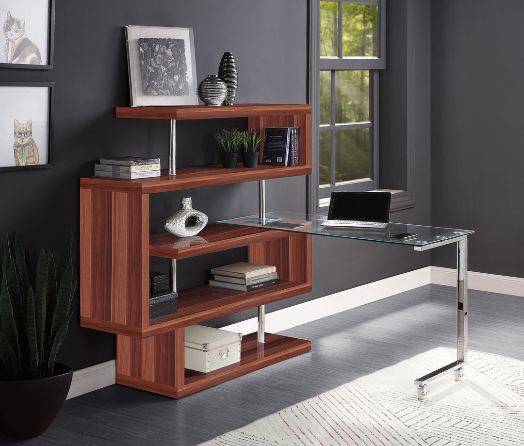 Buck II - Writing Desk With Bookshelf - Clear Glass, Chrome & Walnut High Gloss
