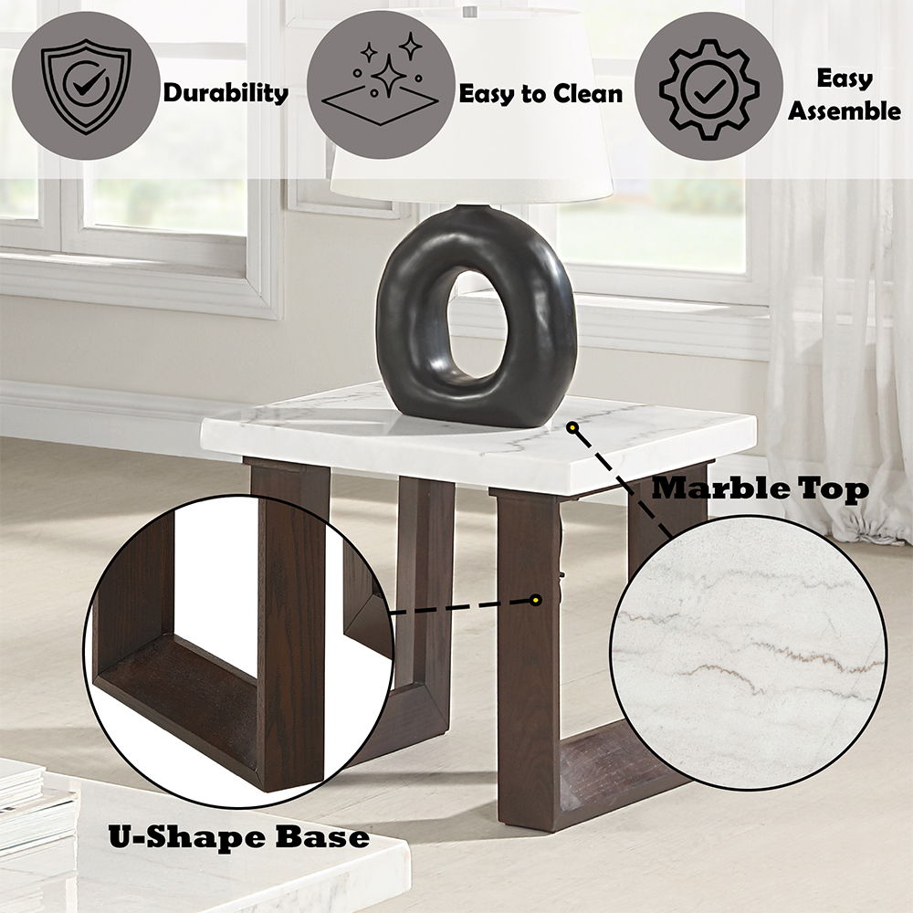 Edwyn - End Table With Marble Top - White Natural Marble Top & Brown