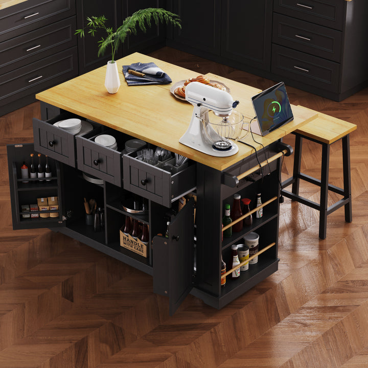 53" Large Black Kitchen Island Cart with Drop Leaf, Power Outlet, Storage Racks &amp; 5 Wheels