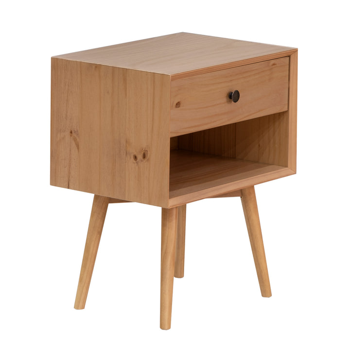 Mid-Century Solid Wood 1-Drawer Nightstand in Natural Pine Finish