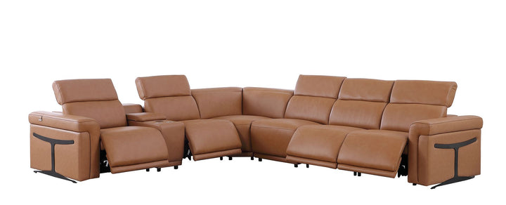 DivanItalia 1126 7-Piece L-Shaped Sectional Sofa in Top Grain Italian Leather with 4 Power Recliners &amp; Power Headrests - Cognac