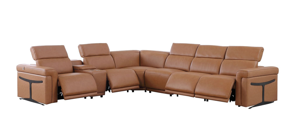 DivanItalia 1126 7-Piece L-Shaped Sectional Sofa in Top Grain Italian Leather with 4 Power Recliners & Power Headrests - Cognac