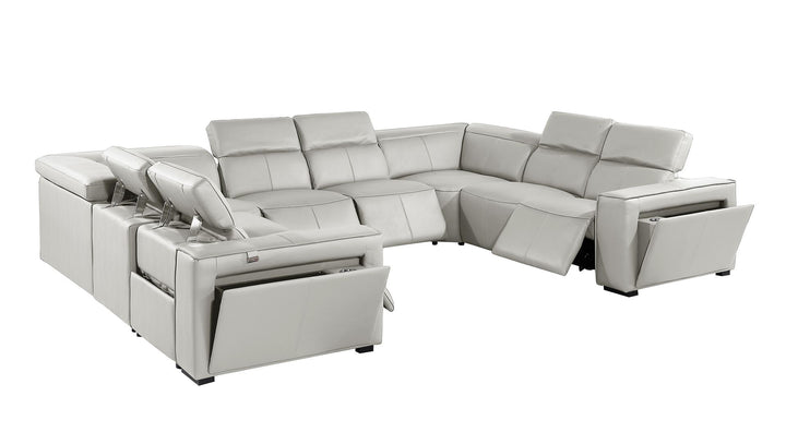 DivanItalia 1224 8-Piece U-Shaped Sectional Sofa in Top Grain Italian Leather with 4 Power Recliners &amp; Power Headrests – No Console - Light Gray
